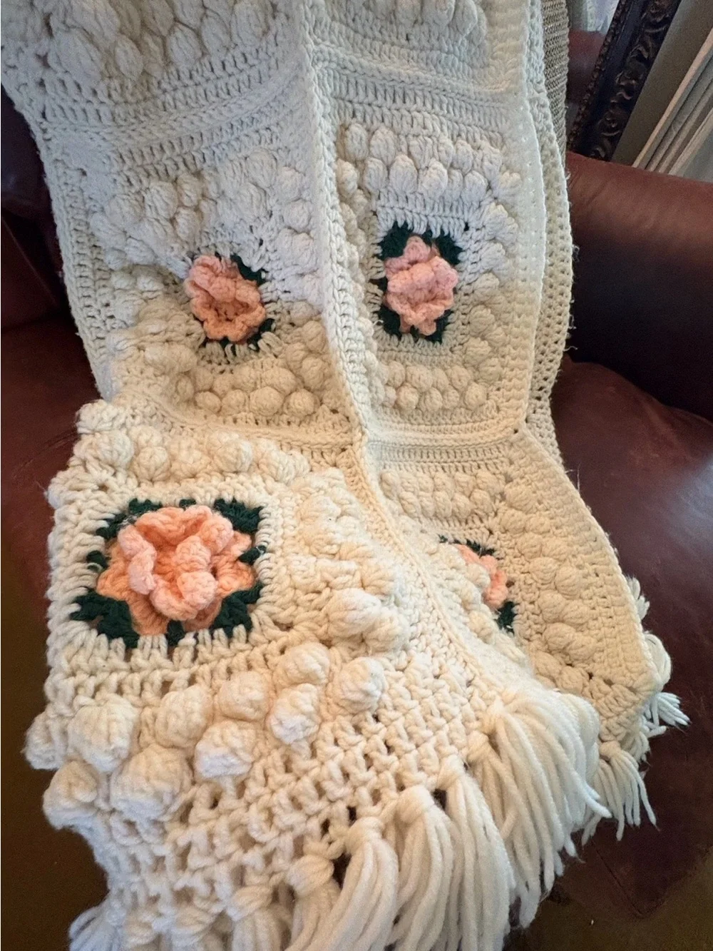 Handmade Cream Crochet Blanket with Peach Floral Squares